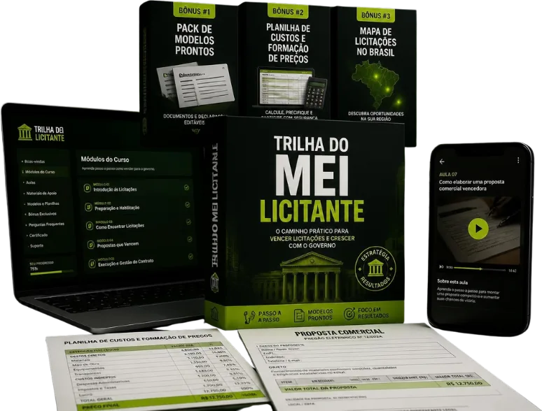 Kit da Trilha do MEI Licitante: caixa do curso, três bônus, notebook, celular e materiais impressos